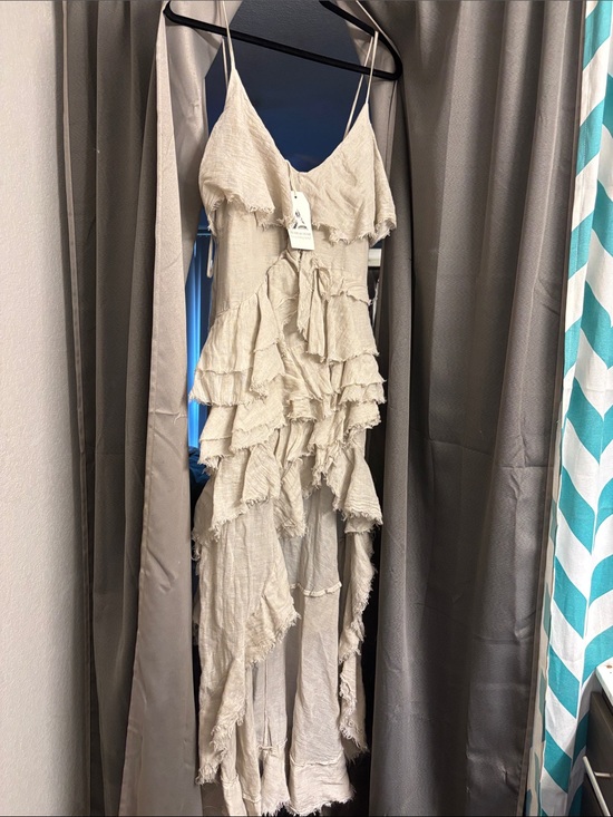 pearl and caviar Dresses & Skirts - Boho Tiered Ruffle Maxi Dress in Beige — Lightweight Spaghetti-Strap Maxi